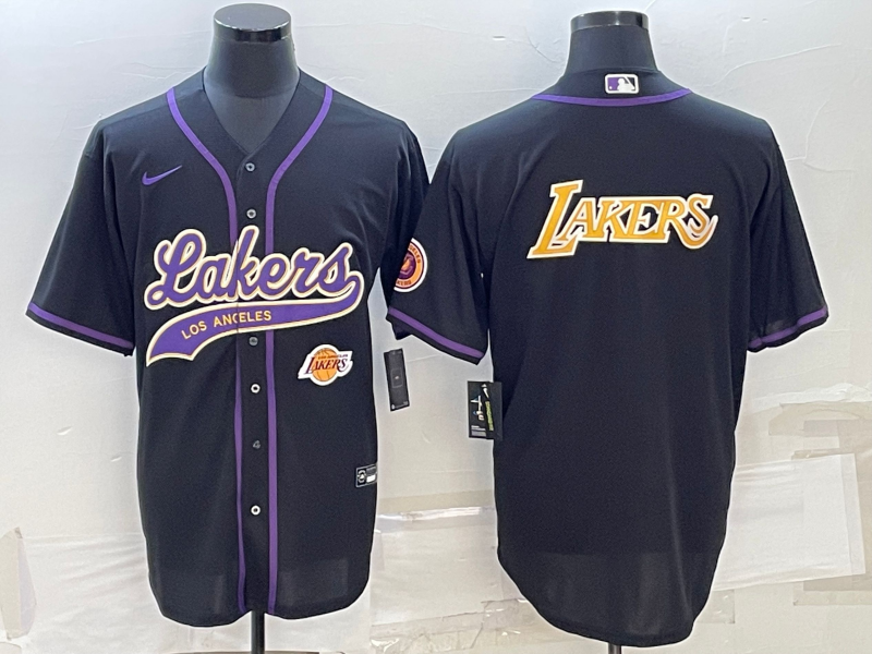 Men's Los Angeles Lakers Black Big Logo With Patch Cool Base Stitched Baseball Jersey Men's Los Angeles Lakers Black Big Logo With Patch Cool Base Stitched Baseball Jersey